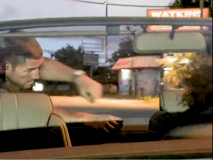 İkinci GTA 6 fragmanından alınan bu ekran görüntüsünde, arka plandaki sokak lambası havada süzülüyor gibi görünüyor. 