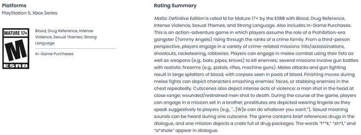 Mafia Definitive Edition'ın PS5 ve Xbox Series X | S sürümleri için ESRB derecelendirmesi. 