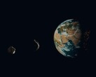 Dünya'ya yakın iki asteroidi gösteren bir sanatçı çizimi.