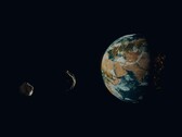 Dünya'ya yakın iki asteroidi gösteren bir sanatçı çizimi.