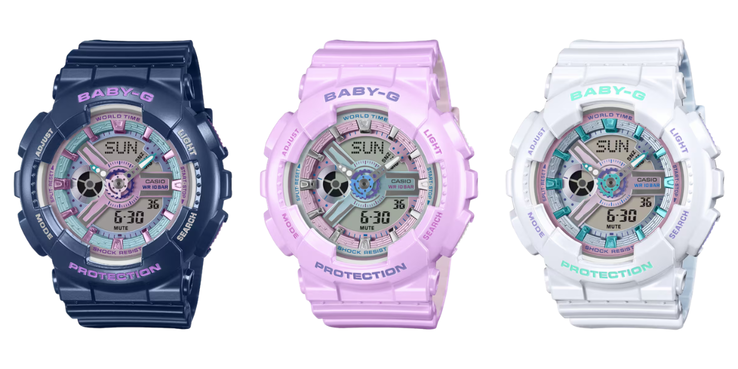 Soldan sağa: Casio G-Shock Baby-G BA-110MC-2A, BA-110MC-6A ve BA-110MC-7A saatleri