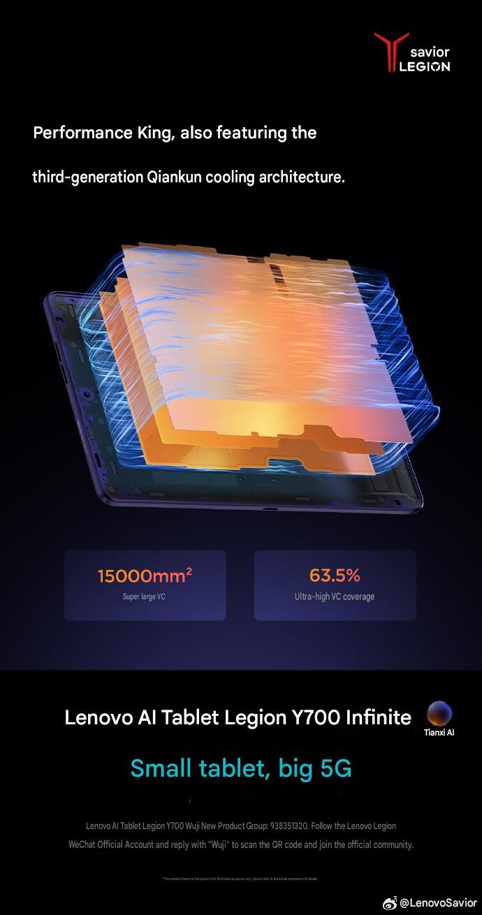 Legion Y700 Infinite'in üçüncü nesil Qiankun soğutma sistemini öne çıkaran resmi Lenovo görseli; kompakt oyun tabletinin içinde yüzde 63,5'lik bir alanı kaplayan 15.000 mm²'lik bir buhar odası bulunuyor.