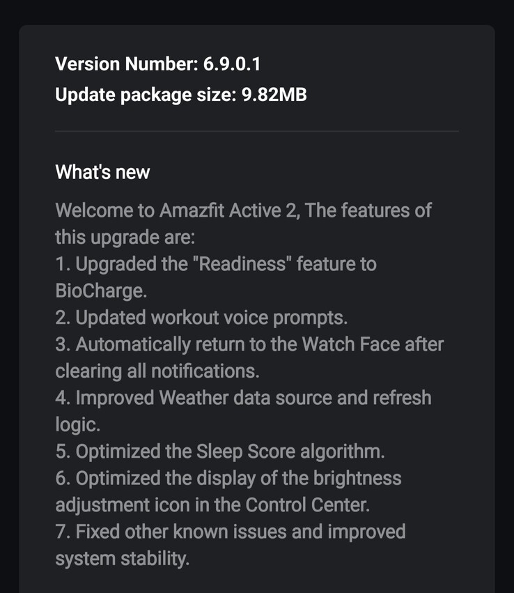 Amazfit Active 2 akıllı saatler için Yazılım Sürümü 6.9.0.1'in sürüm notları. (Resim kaynağı: 4PDA forum)