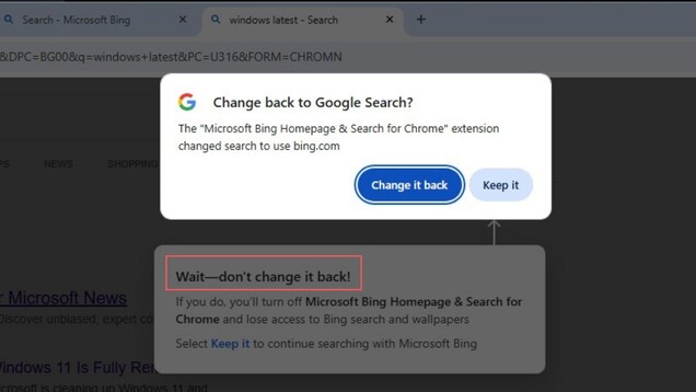 Chrome, Google Arama'ya geri dönmeyi önerirken, Microsoft'un uzantısı kullanıcıları Bing'i kullanmaya devam etmeye teşvik ediyor.