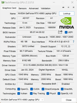 GPU-Z Nvidia GeForce RTX 4060 dizüstü bilgisayar