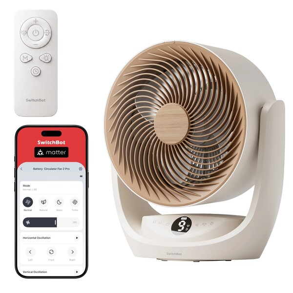 SwitchBot Battery Circulator Fan 2 Pro, uzaktan kumanda, cihaz üzerinde kontrol seçenekleri ve Matter desteğine sahiptir.