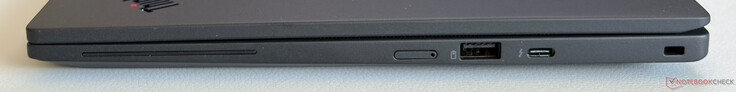 Sağ taraf: Nano-SIM kart yuvası, USB-A 3.2 Gen.2 (5 Gbps, şarj destekli), Thunderbolt 4 özellikli USB-C 4.0 (40 Gbps, DisplayPort 2.1, Power Delivery), Kensington Nano Güvenlik yuvası