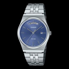 Casio MTP-B146D-2AV paslanmaz çelik saat, açık mavi güneş ışını desenli kadran, gümüş renkli bileklik, saat 12 konumunda gün göstergesi ve saat 3 konumunda tarih penceresi ile öne çıkıyor.