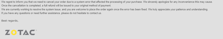 ZOTAC tarafından müşterilere gönderilen e-posta. (Resim Kaynağı: Reddit) 