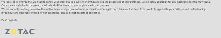 ZOTAC tarafından müşterilere gönderilen e-posta. (Resim Kaynağı: Reddit) 