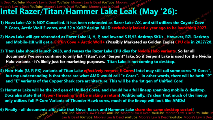 Intel Razer Lake Razer Lake AX Titan Lake ve Hammer Lake CPU mimari detayları.