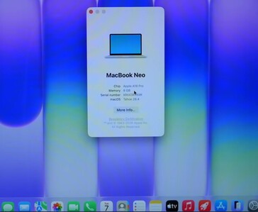 MacBook Neo'da Apple A18 Pro çip, 8 GB bellek ve macOS Tahoe 26.4'ü gösteren Bu Mac Hakkında penceresi