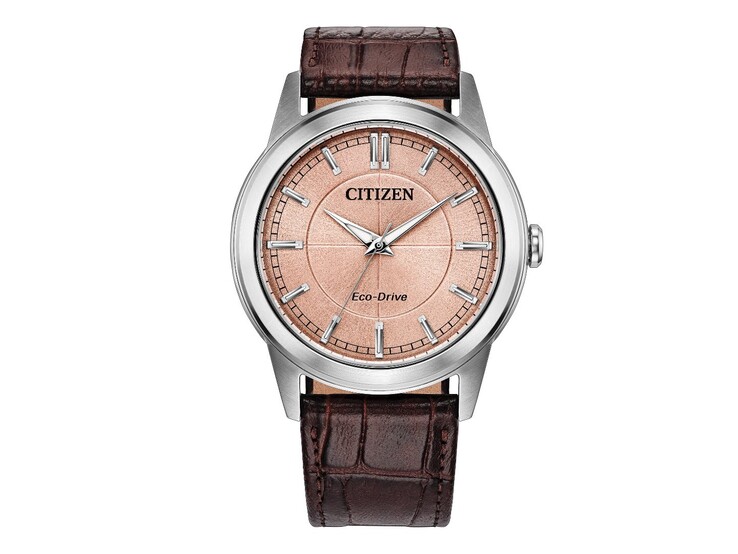 Citizen Rolan AW2110-14Z modeli, somon rengi kadran, paslanmaz çelik kasa ve kahverengi deri kayışa sahiptir.