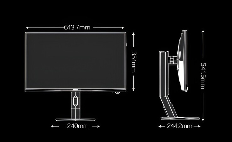 Görsel, kısa süre önce piyasaya sürülen AOC Agon AG277UX oyun monitörünün boyutlarını göstermektedir. 