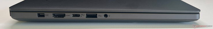 Sol: güç kaynağı, HDMI 2.1 FRL, USB-C 4.0 (40 GBit/s, DisplayPort ALT Mode 2.1, Power Delivery 3.0), USB-A 3.2 Gen 2 (10 GBit/s), 3,5 mm ses