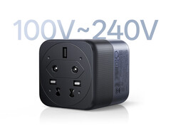 Ugreen X575 şarj cihazı, geniş bir voltaj aralığıyla uyumludur. Resimde: adaptörün alt kısmını gösteren bir tanıtım fotoğrafı.