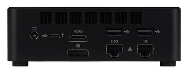HDMI, DisplayPort, USB, Ethernet ve güç bağlantı noktalarını gösteren iiyama mini PC'nin arkadan görünümü