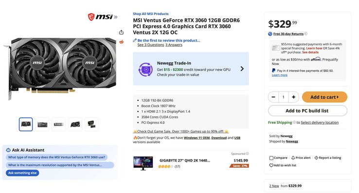 Resimde, RTX 3060 için yeni bir ürün girişi gösterilmektedir; özellikle 12 GB RAM’e sahip MSI Ventus RTX 3060 modeli, fiyatı 329 dolar olarak belirtilmiştir.