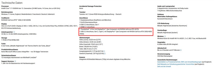 Thunderbolt 4 neden sadece RTX 4070 ve üzeri SKU'lara veriliyor (kaynak: Dell web sitesi ekran görüntüsü)?