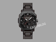 Casio Pro Trek x White Mountaineering PRW-B1000WM-1 ortak çalışması saat, gri bir arka plana karşı Casioblog yazısıyla resmedilmiştir. (Resim kaynağı: Casioblog)