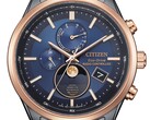 Mavi kadranlı, gül altın rengi çerçeveli, siyah paslanmaz çelik kasalı ve saat 6 konumunda analog ay evresi göstergesine sahip Citizen BY1036-53L Eco-Drive ay evresi saatinin yakın çekimi