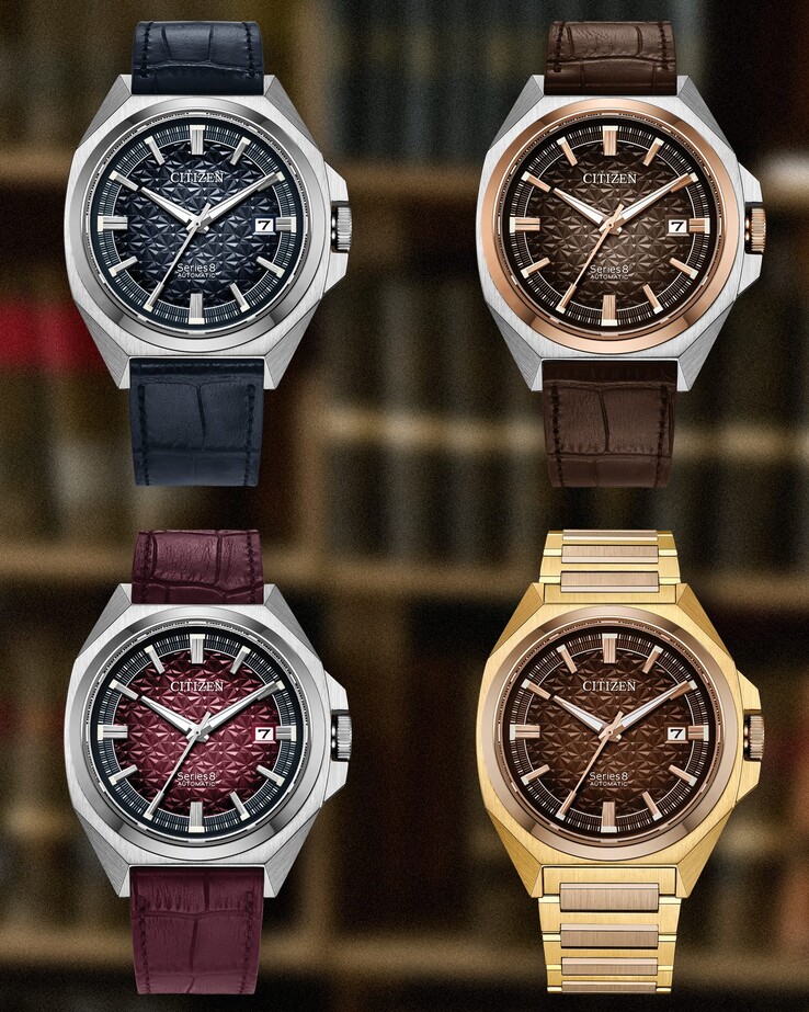 Yukarıdan aşağıya doğru: Citizen Series 8 831 sınırlı üretim otomatik saatler; sırasıyla lacivert, kahverengi, şarap rengi ve yanık turuncu renklerde.
