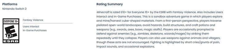 Minecraft'ın Switch 2 portu için ESRB derecelendirmesi.