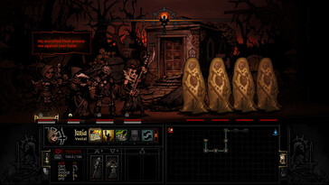 Darkest Dungeon'da birden fazla düşmana karşı verilen mücadeleyi gösteren bir görüntü. 