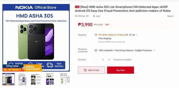 Telefon, Filipinler'deki bir perakendecide 3.990 PHP (yaklaşık 65 $) fiyatla satışa sunulmuştur.
