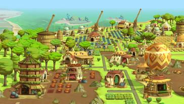 The Wandering Village'daki binaları gösteren bir görsel.