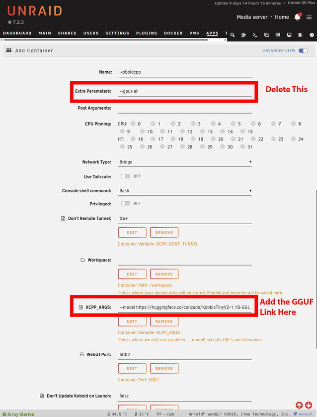 Unraid docker şablonu başlamak için sadece 2 değişiklik gerektirir. GPU olmadan çalıştırıyorsanız, GPU bayrağını kaldırın ve Huggingface'den GGUF dosyasının bağlantısını yapıştırın