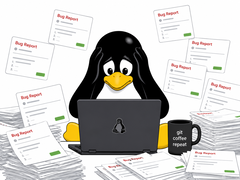 Bir Linux geliştiricisinin çalışma alanını dolduran yapay zeka tarafından üretilen hata raporlarından bunalmış Tux tarzı bir penguen.