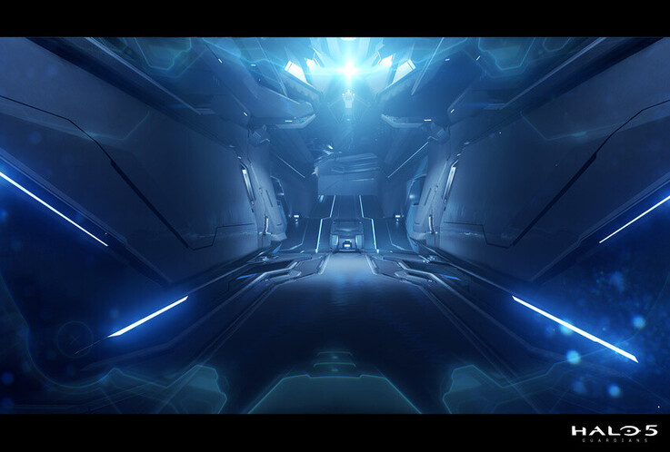 Bu Halo 5: Guardians koridor sahnesinde, şık bir fütüristik atmosfer yaratmak için keskin simetri, parlak vurgular ve derin perspektif kullanılıyor.