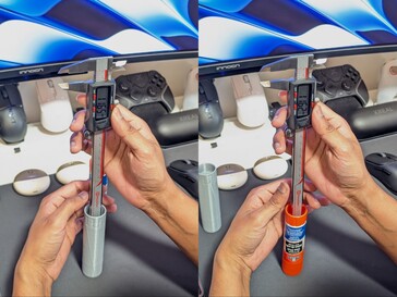 3D baskılı tutkal çubuğu (solda) ve orijinal tutkal çubuğu (sağda) arasındaki daha derin deliğin ölçümü