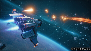 Everspace'de bir uzay savaşını gösteren bir görüntü.