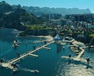 Anno 2205'te fütüristik bir şehri gösteren bir görüntü.