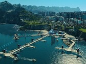 Anno 2205'te fütüristik bir şehri gösteren bir görüntü.
