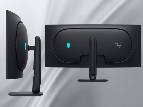 Alienware AW3926QW 5K OLED monitörün yan ve arka yüzü gösteriliyor
