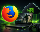 Ekranında bir oyun görünen oyun dizüstü bilgisayarı, üstünde Geforce Now ve Firefox marka logoları