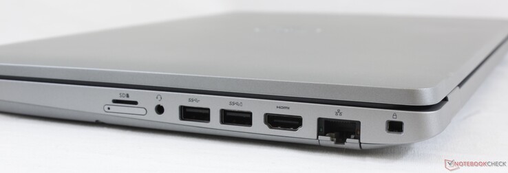 Right: MicroSD reader, SIM slot, 3.5 mm audio, 2x USB 3.2 Gen. 1, HDMI, Gigabit RJ-45, Noble lock