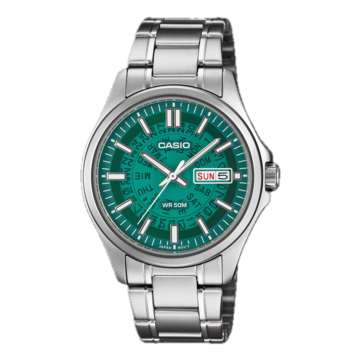 Casio /MTP-E740-3AV, parlak turkuaz renkli yarı saydam kadranıyla dikkat çekiyor.