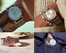 Gümüş, su mavisi ve somon rengi sunburst kadranlı Timex x Todd Snyder Marlin Mesh saatler, bileğe takılı ve takılı olmayan halleriyle gösterilmiştir.