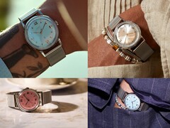 Gümüş, su mavisi ve somon rengi sunburst kadranlı Timex x Todd Snyder Marlin Mesh saatler, bileğe takılı ve takılı olmayan halleriyle gösterilmiştir.