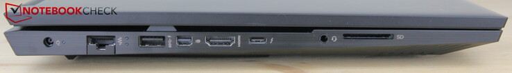 Sol: AC adaptörü, LAN, USB-A 3.0 (HP Uyku ve Şarj), miniDP, HDMI, Thunderbolt 4'lü USB-C 4, kulaklık, SD kart okuyucu