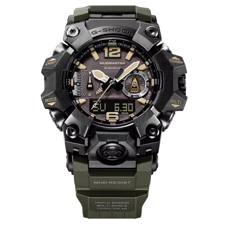 G-Shock Mudmaster GWG-B1000-1A3 saat kadranının yakın çekimi; kadran üzerinde bej renkli saat işaretleri, ışıklı ibreler, dijital ekran ve pusula işaretleri görülmektedir.