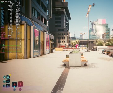 Cyberpunk 2077, ekran üzerinde performans göstergesi açıkken, Steam Machine'de 1080p Ultra ayarlarında ve FSR Auto özelliği etkin olarak çalışıyor