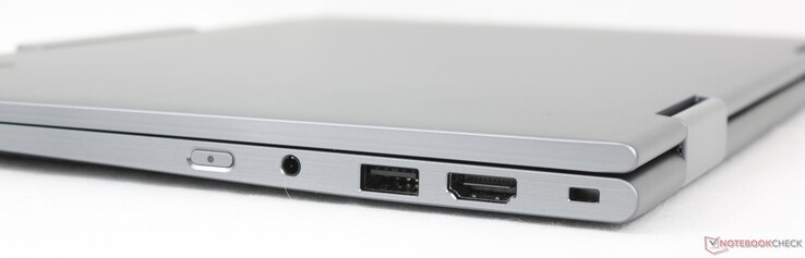 Sağ tarafta: Güç düğmesi, 3,5 mm ses, USB 3.2 Gen 1 (5 Gbit/s), HDMI 2.1, Kensington Nano Güvenlik Yuvası